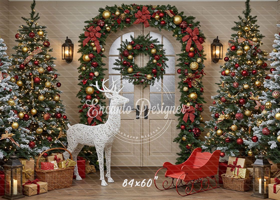 Arch Wreath Reindeer Sleigh Trees Gifts Christmas Backdrop - Layoris