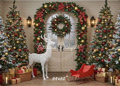 Arch Wreath Reindeer Sleigh Trees Gifts Christmas Backdrop - Layoris