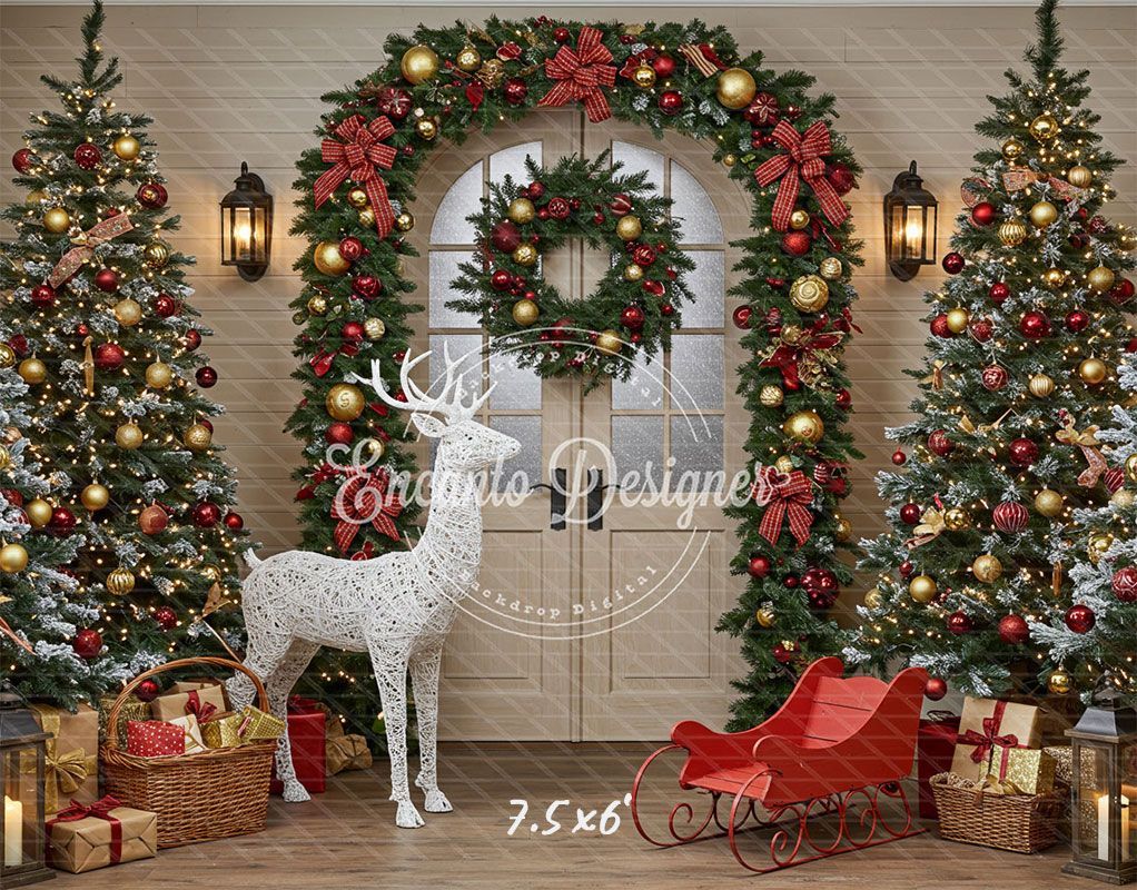 Arch Wreath Reindeer Sleigh Trees Gifts Christmas Backdrop - Layoris