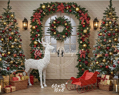 Arch Wreath Reindeer Sleigh Trees Gifts Christmas Backdrop - Layoris