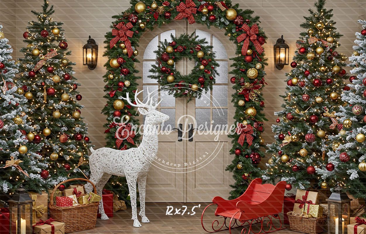 Arch Wreath Reindeer Sleigh Trees Gifts Christmas Backdrop - Layoris
