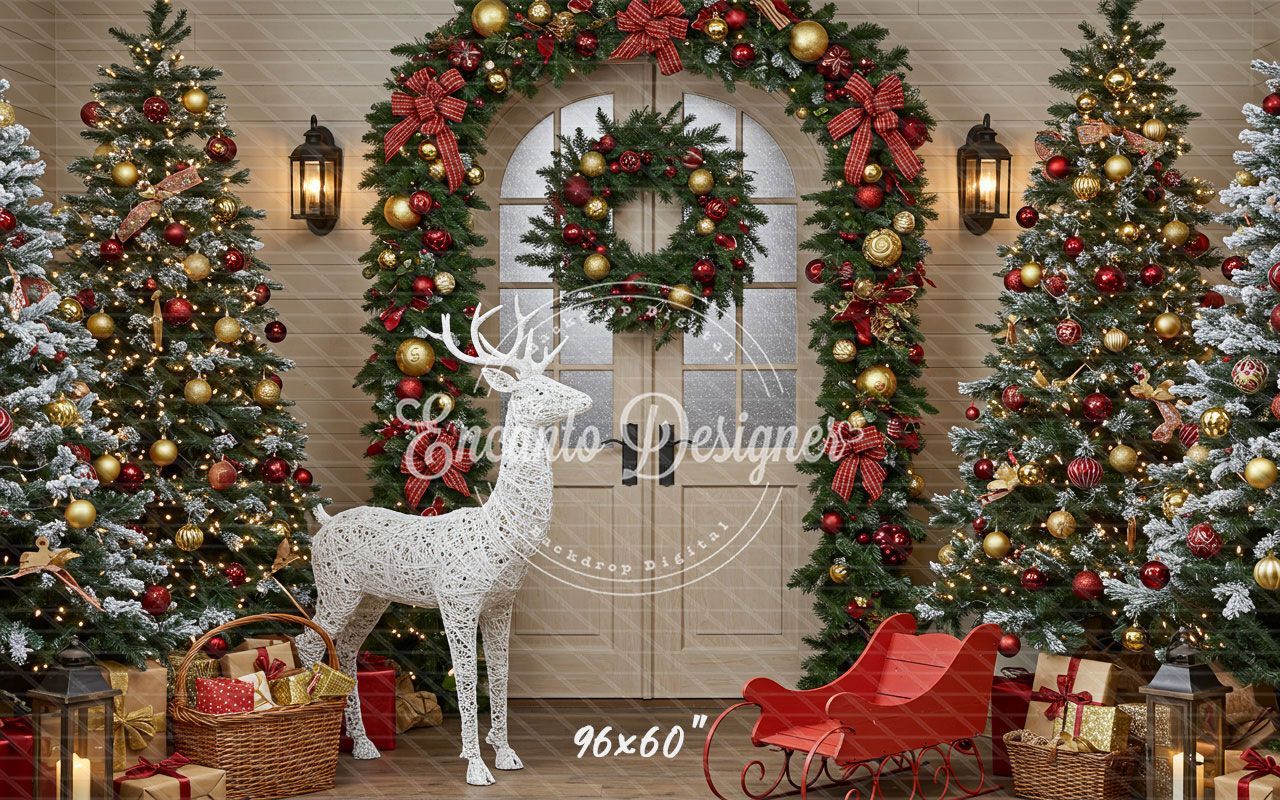 Arch Wreath Reindeer Sleigh Trees Gifts Christmas Backdrop - Layoris