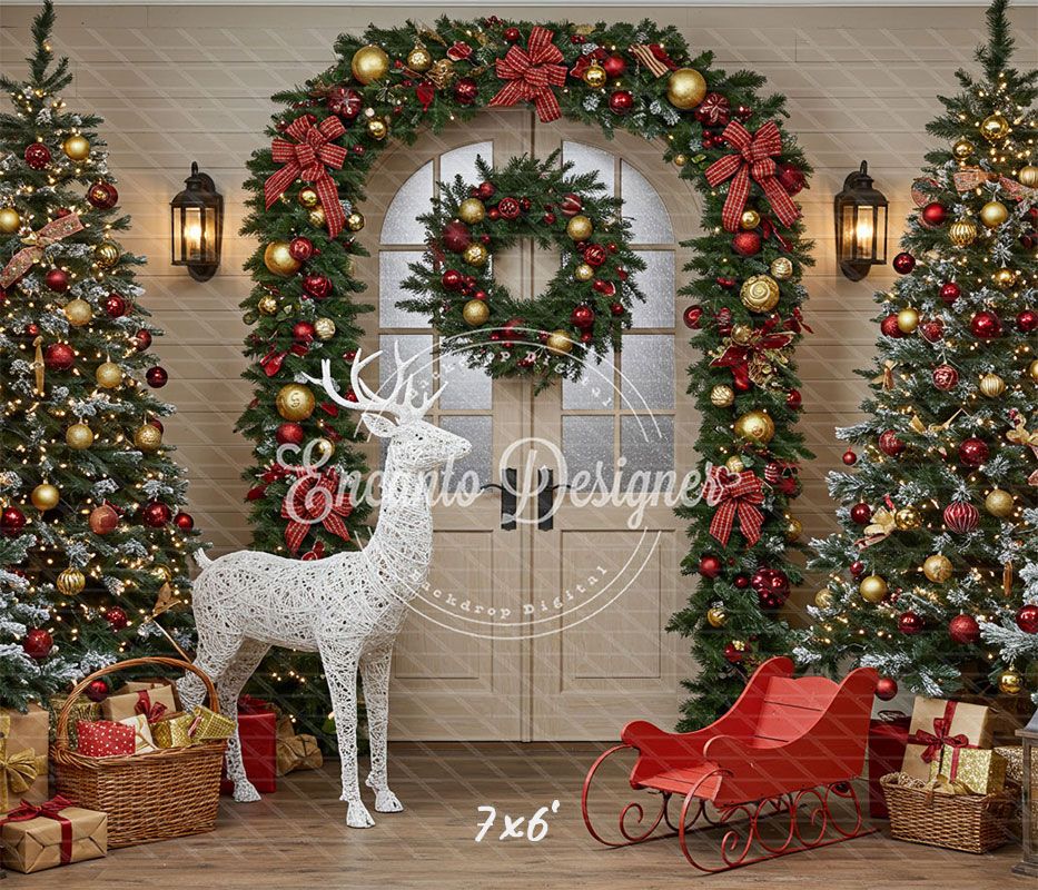 Arch Wreath Reindeer Sleigh Trees Gifts Christmas Backdrop - Layoris