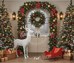 Arch Wreath Reindeer Sleigh Trees Gifts Christmas Backdrop - Layoris