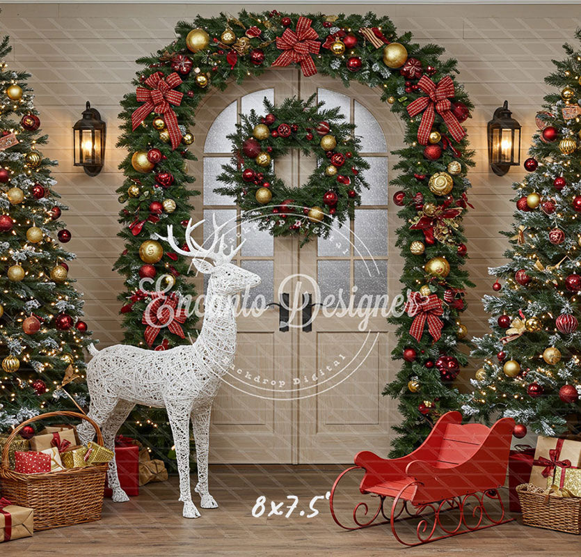 Arch Wreath Reindeer Sleigh Trees Gifts Christmas Backdrop - Layoris