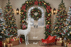 Arch Wreath Reindeer Sleigh Trees Gifts Christmas Backdrop - Layoris