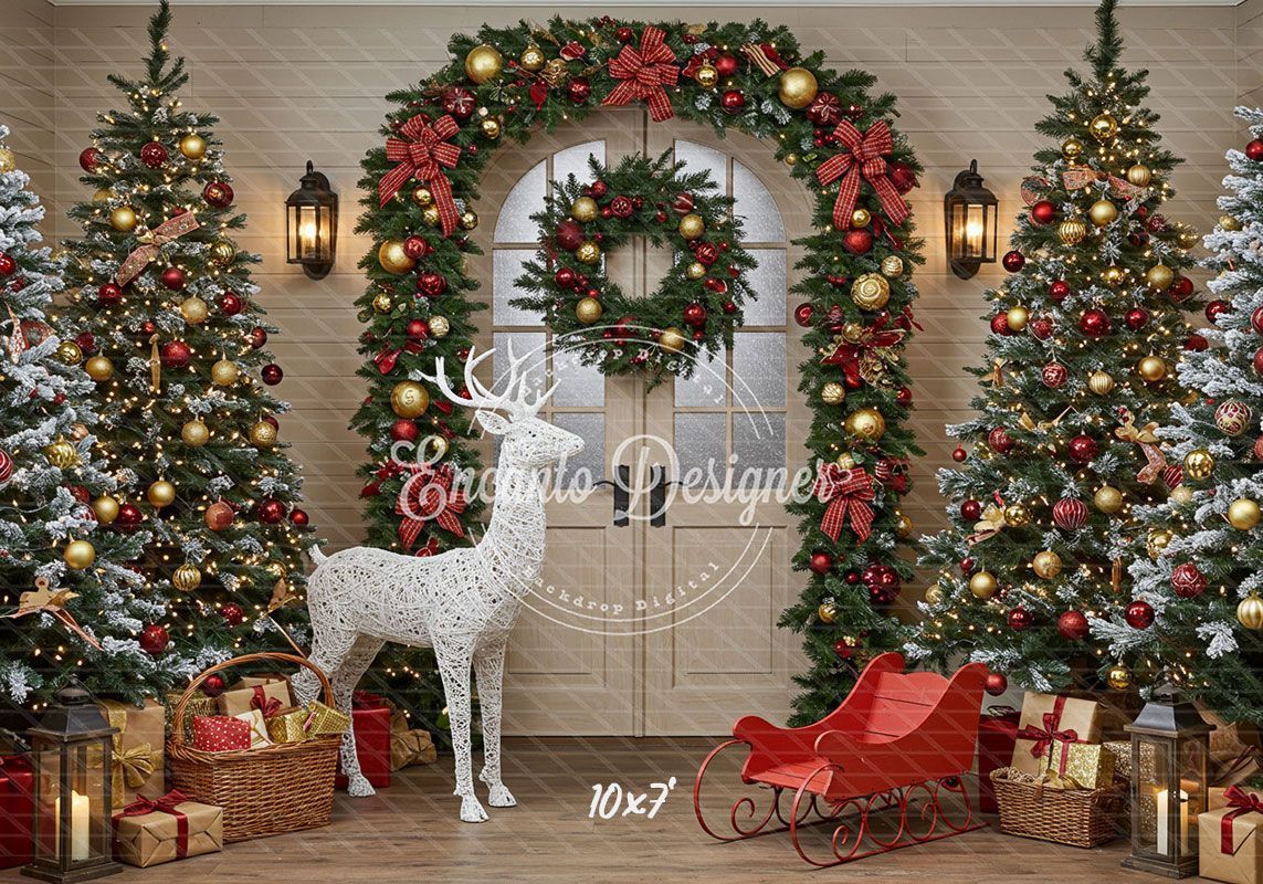 Arch Wreath Reindeer Sleigh Trees Gifts Christmas Backdrop - Layoris