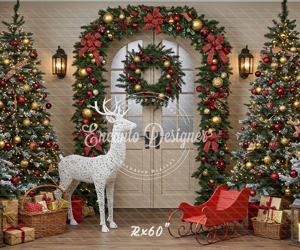 Arch Wreath Reindeer Sleigh Trees Gifts Christmas Backdrop - Layoris