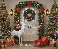 Arch Wreath Reindeer Sleigh Trees Gifts Christmas Backdrop - Layoris