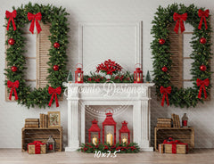 White Fireplace Poinsettia Gifts Christmas Backdrop - Layoris