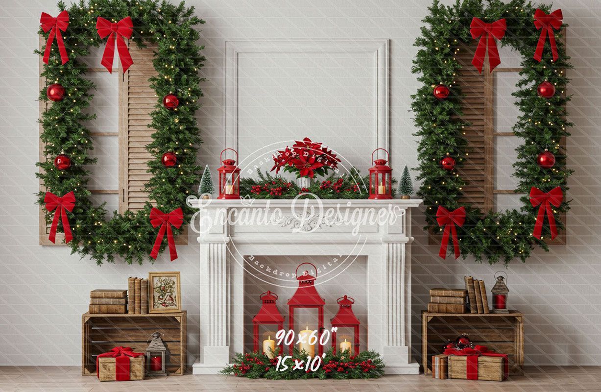 White Fireplace Poinsettia Gifts Christmas Backdrop - Layoris