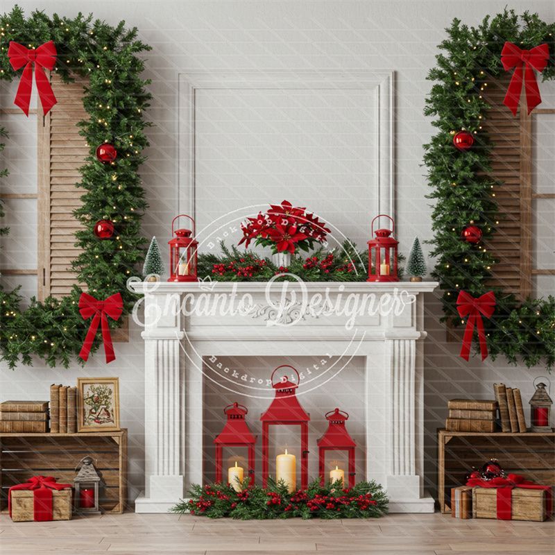 White Fireplace Poinsettia Gifts Christmas Backdrop - Layoris