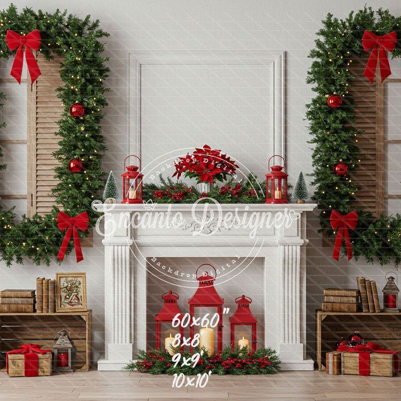 White Fireplace Poinsettia Gifts Christmas Backdrop - Layoris