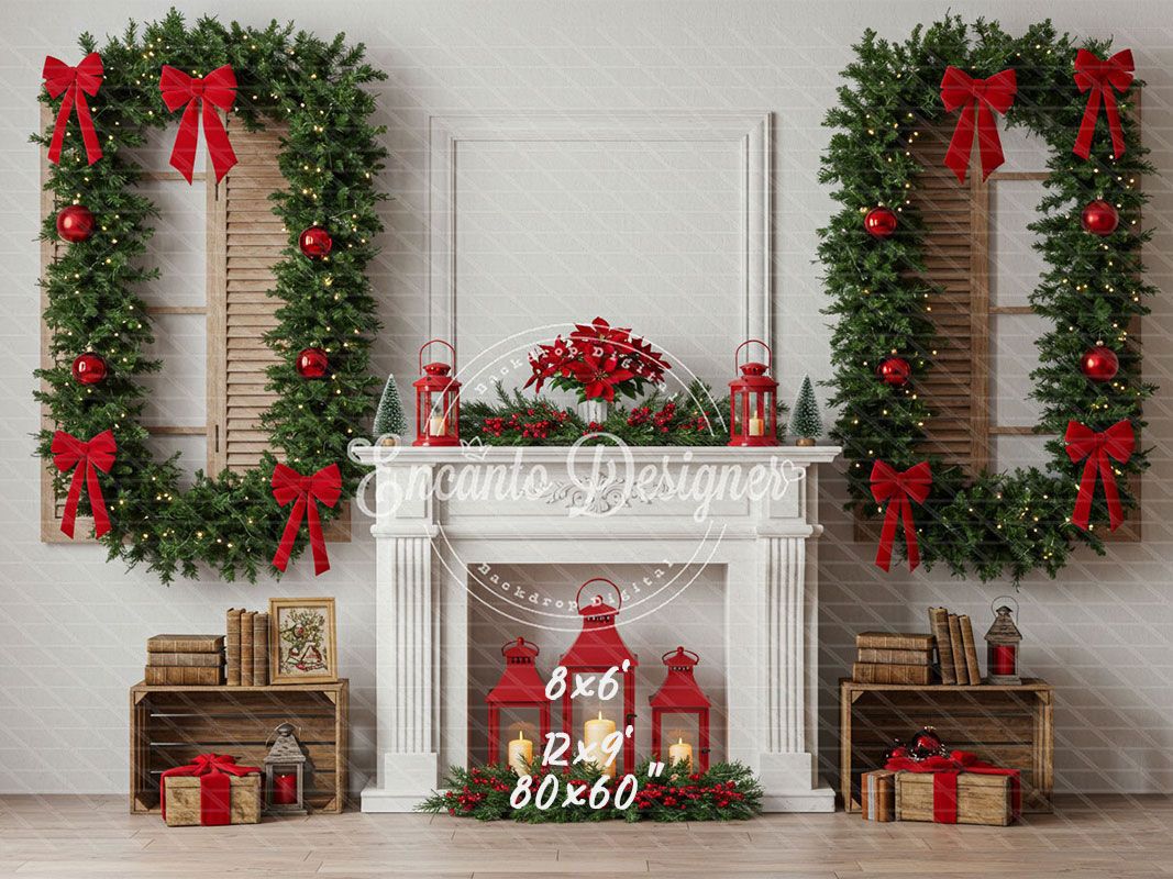 White Fireplace Poinsettia Gifts Christmas Backdrop - Layoris