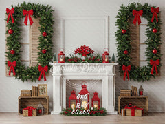 White Fireplace Poinsettia Gifts Christmas Backdrop - Layoris