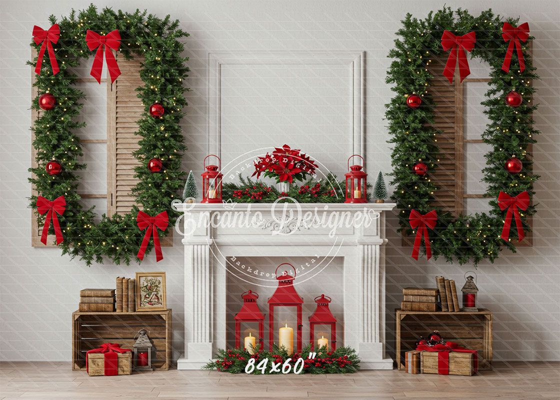 White Fireplace Poinsettia Gifts Christmas Backdrop - Layoris