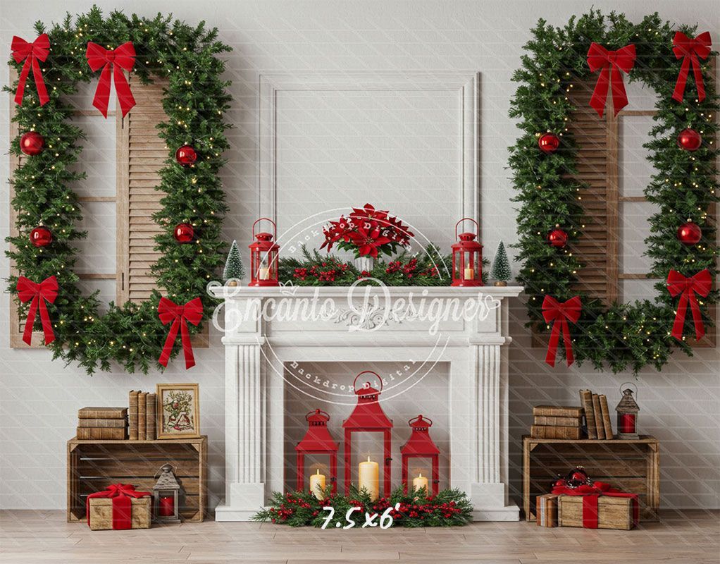 White Fireplace Poinsettia Gifts Christmas Backdrop - Layoris