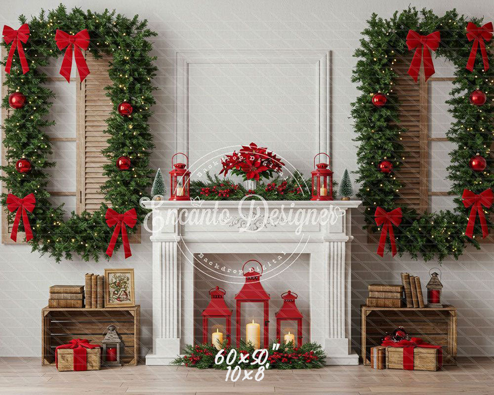 White Fireplace Poinsettia Gifts Christmas Backdrop - Layoris