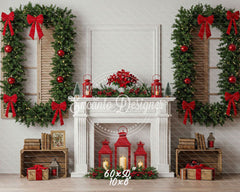 White Fireplace Poinsettia Gifts Christmas Backdrop - Layoris