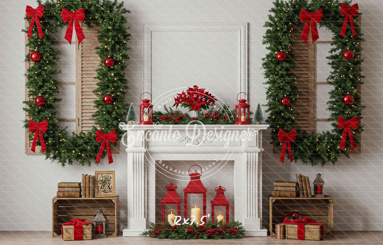 White Fireplace Poinsettia Gifts Christmas Backdrop - Layoris