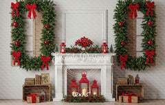 White Fireplace Poinsettia Gifts Christmas Backdrop - Layoris