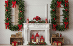 White Fireplace Poinsettia Gifts Christmas Backdrop - Layoris