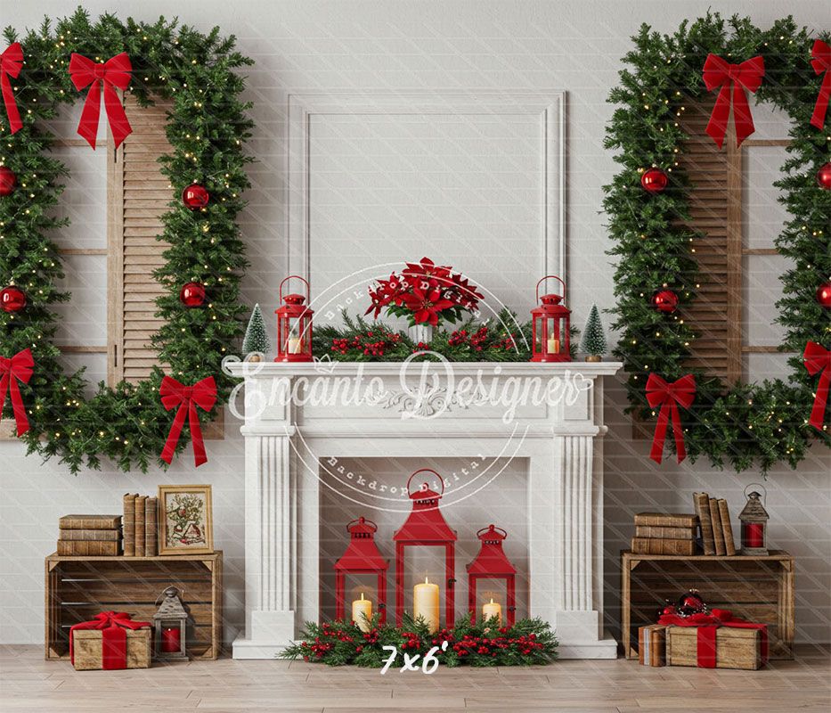 White Fireplace Poinsettia Gifts Christmas Backdrop - Layoris