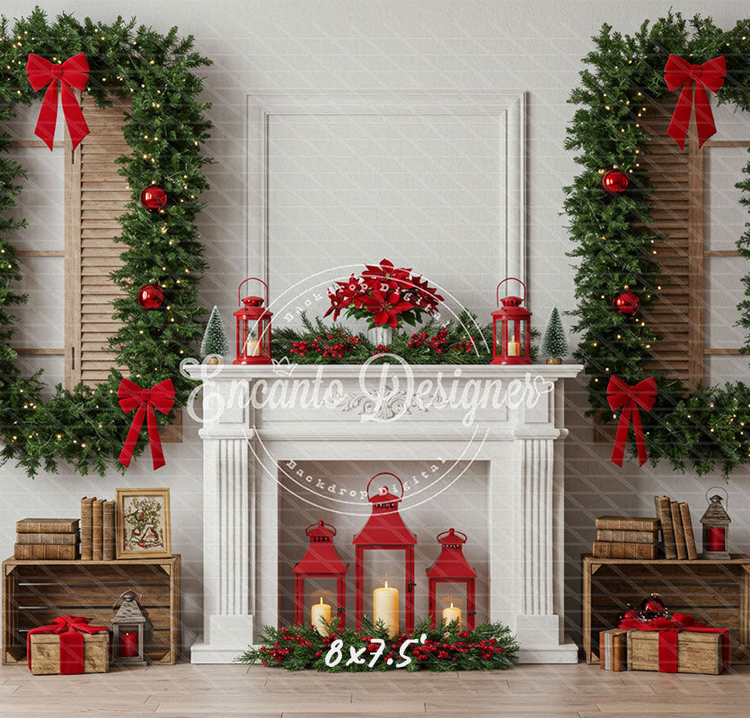 White Fireplace Poinsettia Gifts Christmas Backdrop - Layoris