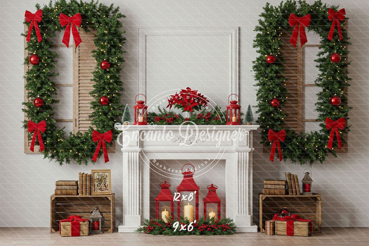 White Fireplace Poinsettia Gifts Christmas Backdrop - Layoris