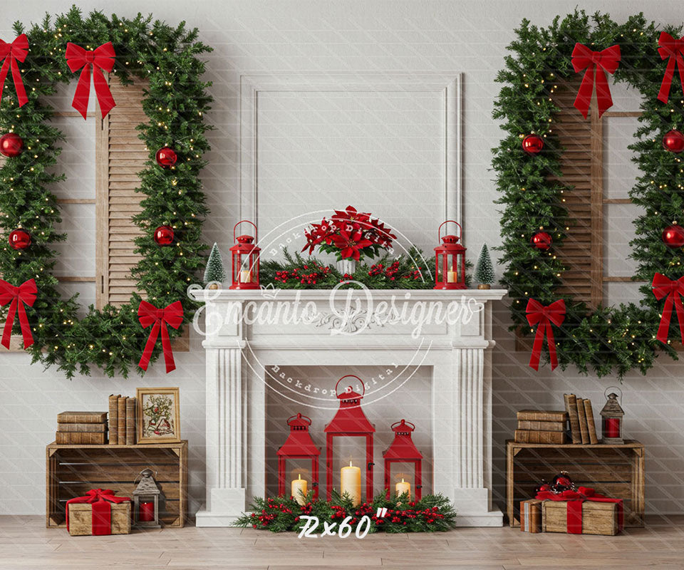 White Fireplace Poinsettia Gifts Christmas Backdrop - Layoris
