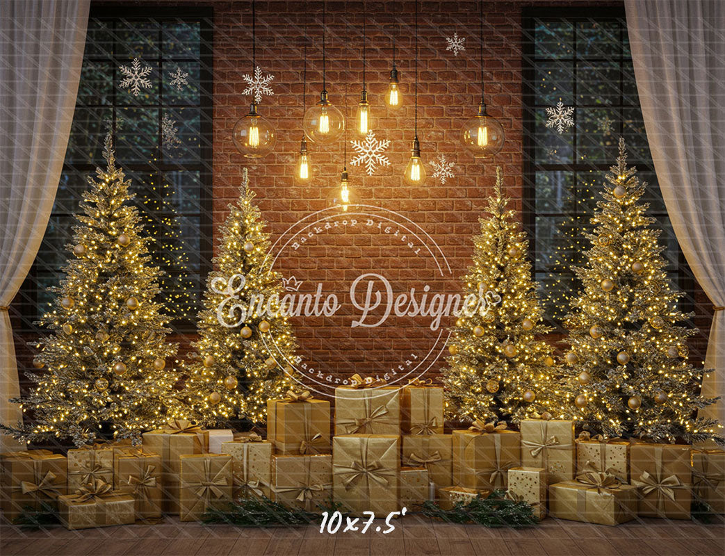 Golden Trees Gifts Brick Wall Christmas Backdrop - Layoris