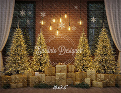 Golden Trees Gifts Brick Wall Christmas Backdrop - Layoris