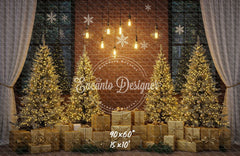 Golden Trees Gifts Brick Wall Christmas Backdrop - Layoris