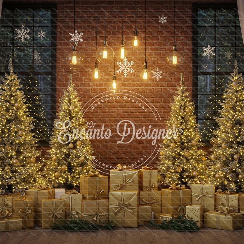 Golden Trees Gifts Brick Wall Christmas Backdrop - Layoris
