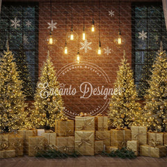 Golden Trees Gifts Brick Wall Christmas Backdrop - Layoris