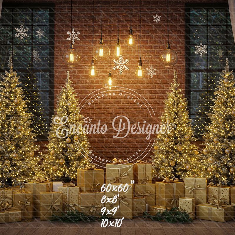 Golden Trees Gifts Brick Wall Christmas Backdrop - Layoris