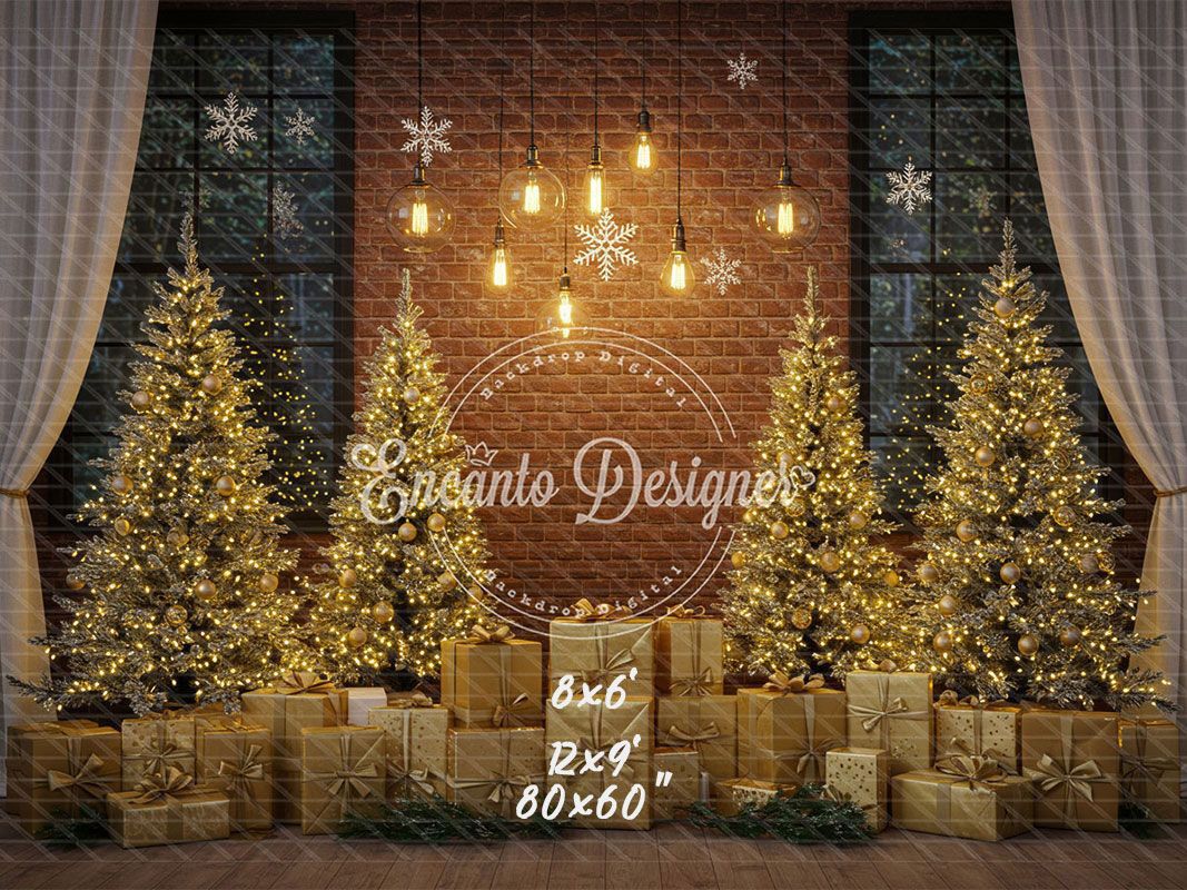 Golden Trees Gifts Brick Wall Christmas Backdrop - Layoris