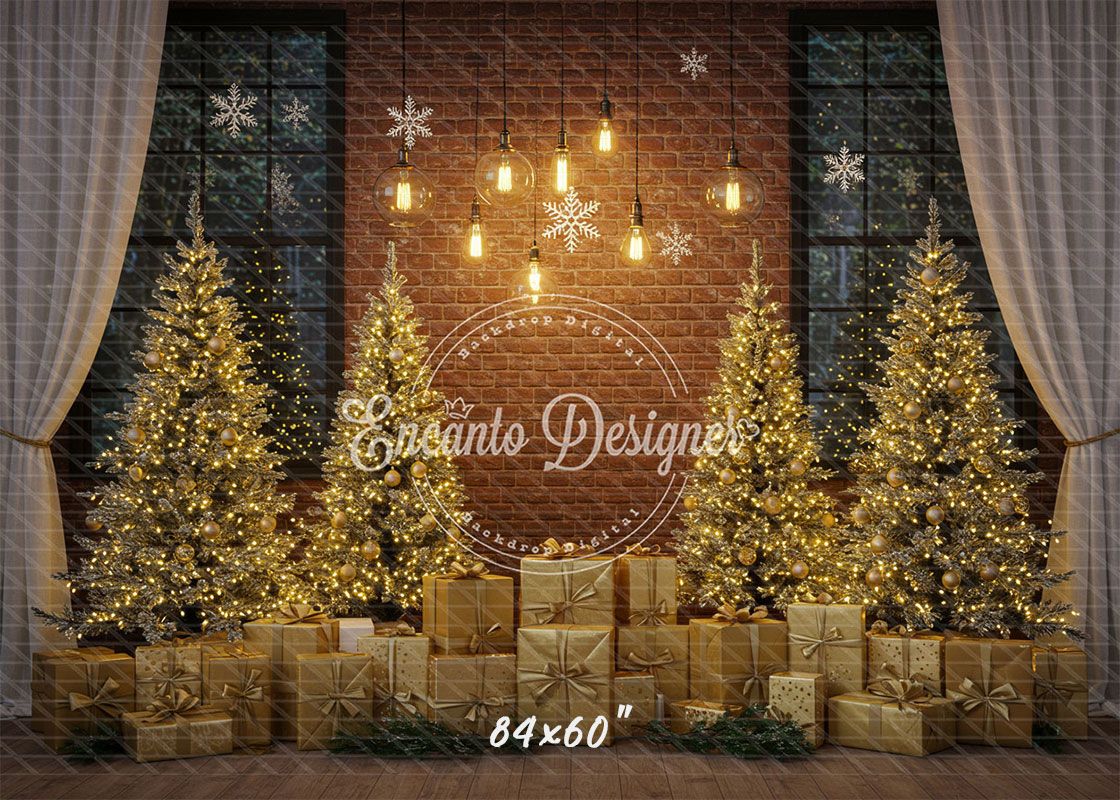 Golden Trees Gifts Brick Wall Christmas Backdrop - Layoris