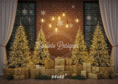 Golden Trees Gifts Brick Wall Christmas Backdrop - Layoris