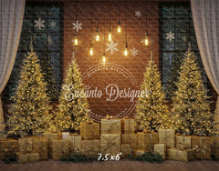 Golden Trees Gifts Brick Wall Christmas Backdrop - Layoris