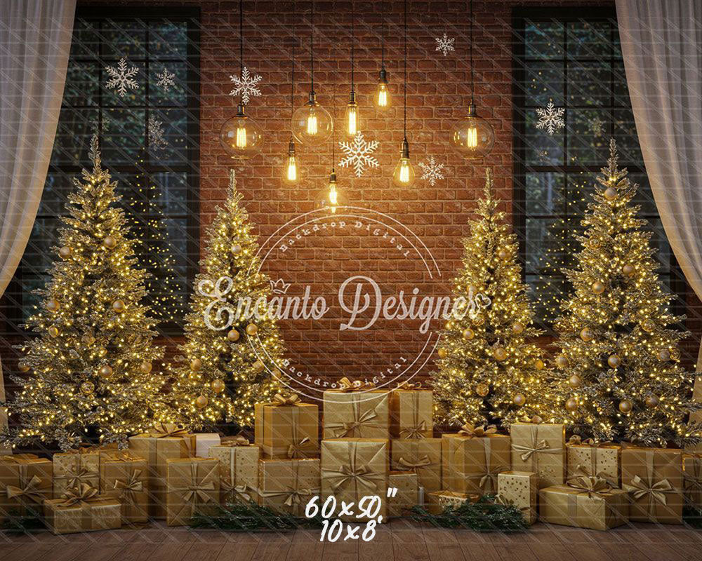 Golden Trees Gifts Brick Wall Christmas Backdrop - Layoris