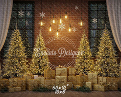 Golden Trees Gifts Brick Wall Christmas Backdrop - Layoris