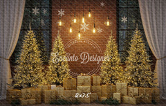 Golden Trees Gifts Brick Wall Christmas Backdrop - Layoris