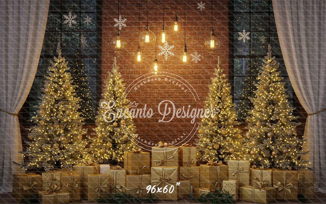 Golden Trees Gifts Brick Wall Christmas Backdrop - Layoris