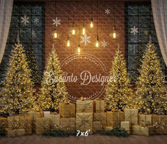 Golden Trees Gifts Brick Wall Christmas Backdrop - Layoris