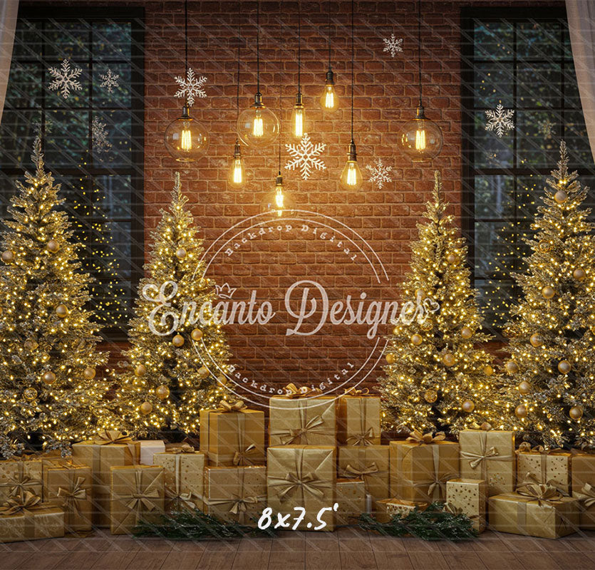Golden Trees Gifts Brick Wall Christmas Backdrop - Layoris