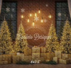 Golden Trees Gifts Brick Wall Christmas Backdrop - Layoris