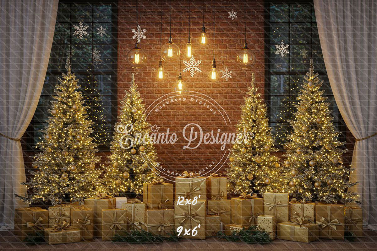 Golden Trees Gifts Brick Wall Christmas Backdrop - Layoris
