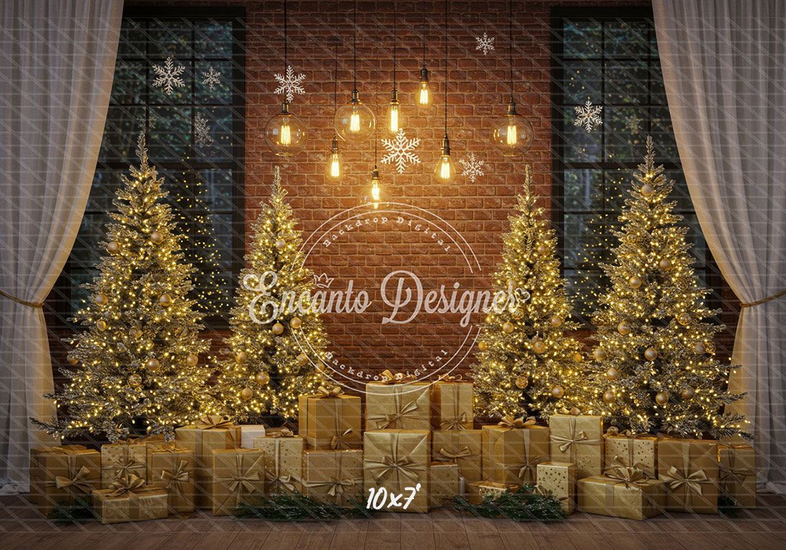 Golden Trees Gifts Brick Wall Christmas Backdrop - Layoris