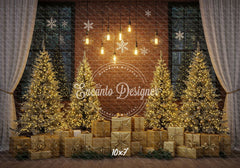 Golden Trees Gifts Brick Wall Christmas Backdrop - Layoris